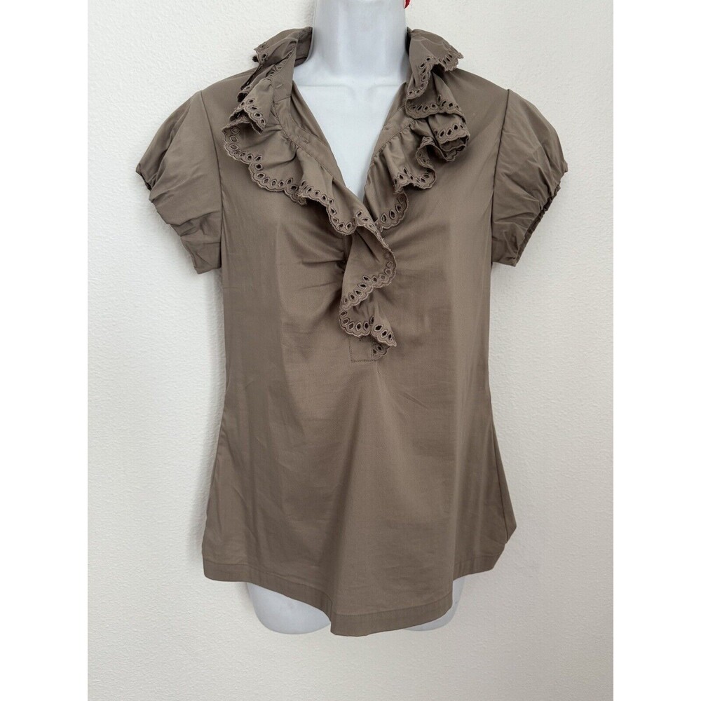Women's BCBGMaxAzaria Small Brown Eyelet Ruffle Short Sleeve Blouse Office